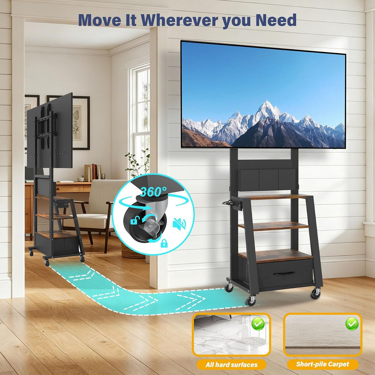 Rolling TV Stand with Power Outlet & 4-Tier Storage for 23-60 Inch Flat/C...