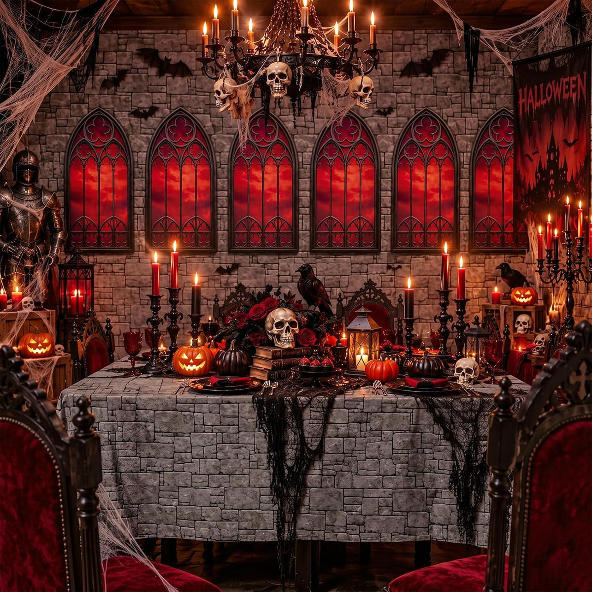 Tegeme 200Ft x 54 in Halloween Gothic Backdrop Roll Castle Brick Tablecloth