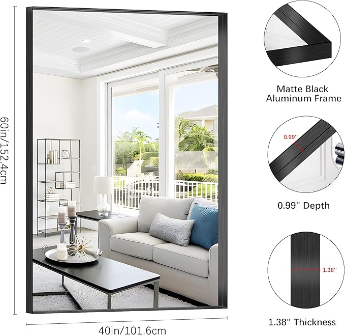Black Bathroom Mirror, 42x42 Inch Rectangular Framed Mirror, Large Wall Mounted - Image 3