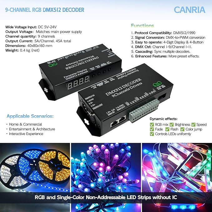 CANRIA 9 Channel DMX512 Decoder LED Controller, DC 5V-24V 5A/CH, RGB RGBW LED - Image 3