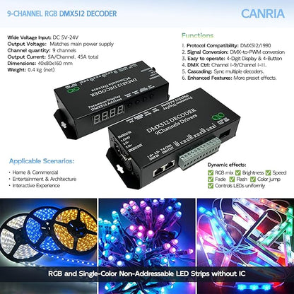 CANRIA 9 Channel DMX512 Decoder LED Controller, DC 5V-24V 5A/CH, RGB RGBW LED - Image 3