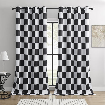 100% Blackout Curtains – Black and White Checkered Race Flag Pattern, 2 Panels, Each W52×L84, Thermal Insulated, Nosie Reducing for Bedroom, Living Room, Race car Drapes