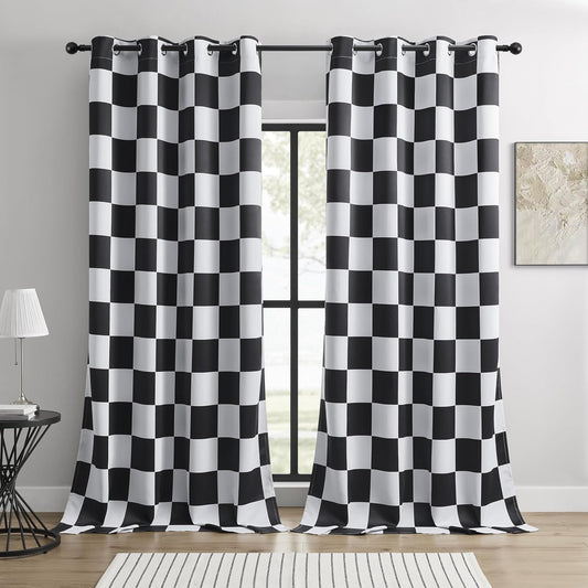 100% Blackout Curtains – Black and White Checkered Race Flag Pattern, 2 Panels, Each W52×L84, Thermal Insulated, Nosie Reducing for Bedroom, Living Room, Race car Drapes