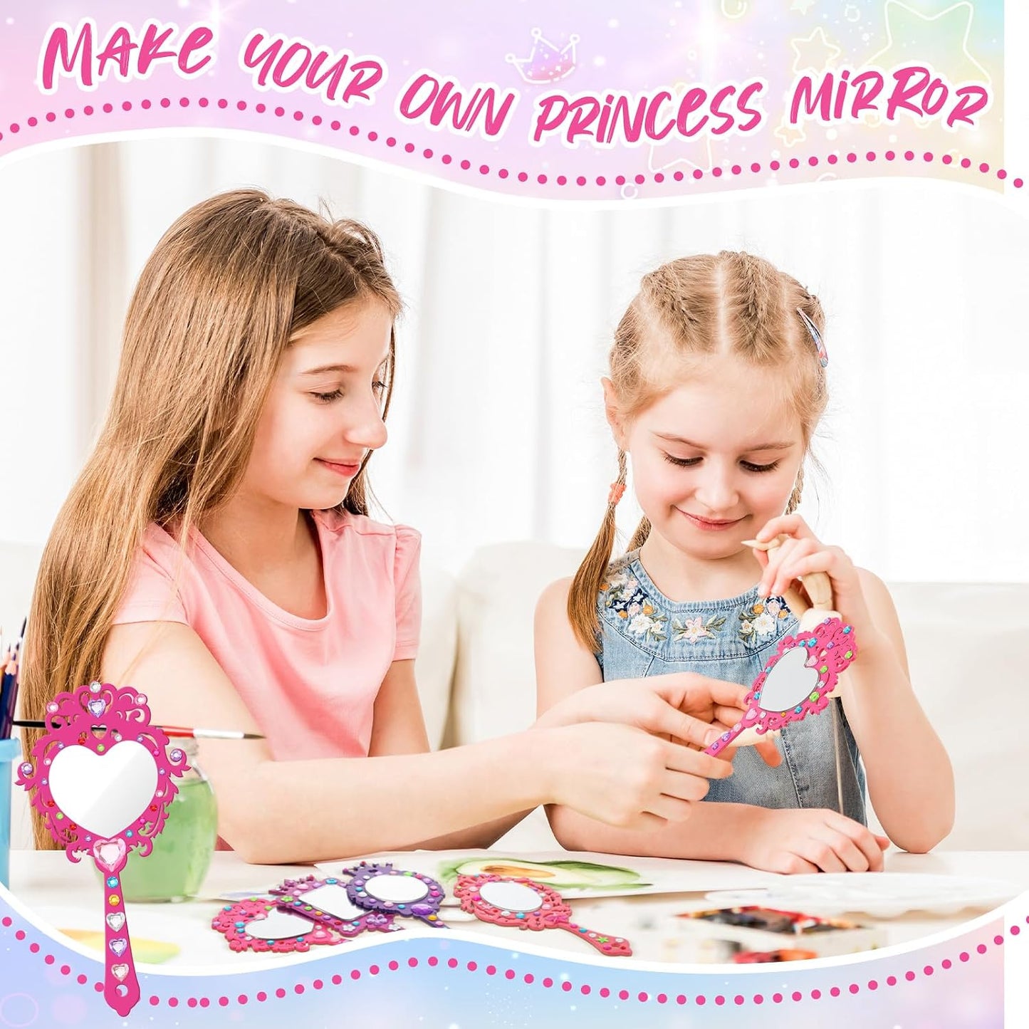16 Sets Wooden Mirror Craft Kit, Girls DIY Princess Hand Mirror | Unbreakable Mirror for Kids, Princess Tea Party Gift, Back to School Supplies, Christmas Birthday Art Activities Favors