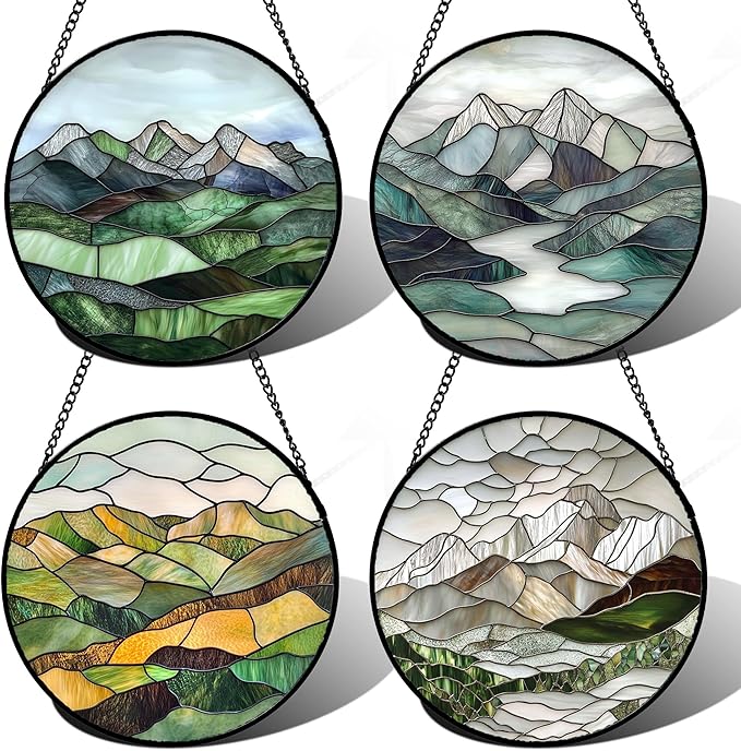 AMDERVEN Stained Glass Window Hanging 4 Pcs Set Mountain River Landscape 7.8" by amderven