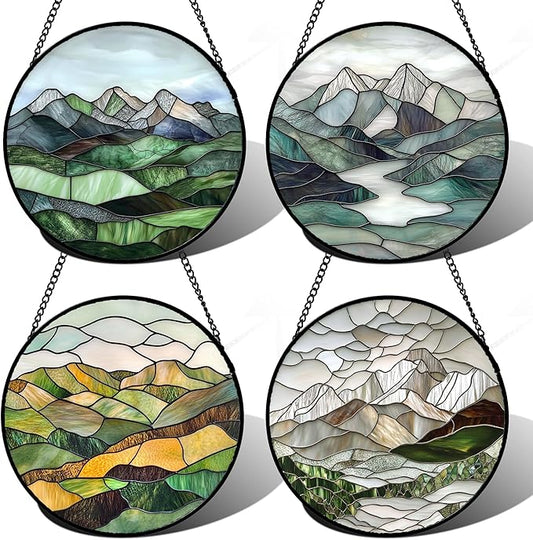 AMDERVEN Stained Glass Window Hanging 4 Pcs Set Mountain River Landscape 7.8" by amderven