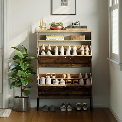 Shoe Storage Cabinet with 2 Flip-Up Doors, Freestanding Hidden Shoe Storage - Image 8