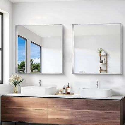 Silver Bathroom Mirror, 30x30 Inch Rectangular Framed Mirror, Large Wall - Image 5