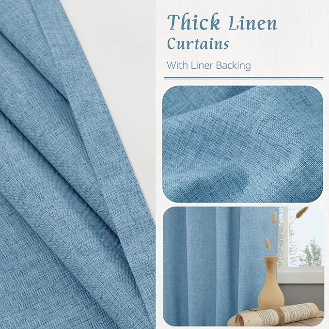 LAMIT Blue 100% Blackout Linen Curtains, 84 Inch Linen Textured Living Room - Image 7