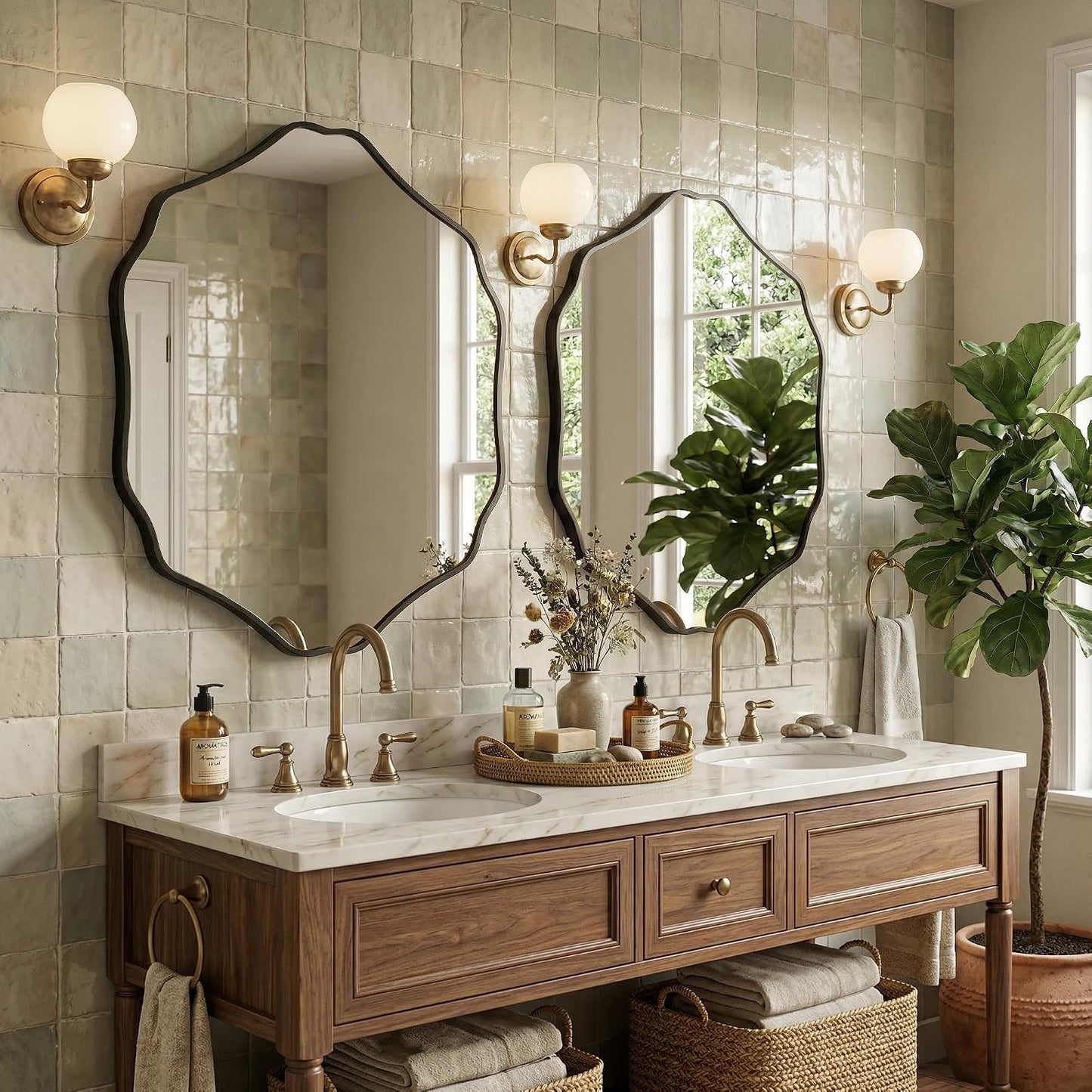 Irregular Hexagon Wall Mirror with Wavy Edge, Modern Decorative Mirror for Bathroom, Bedroom, Living Room, Frameless Vanity Mirror