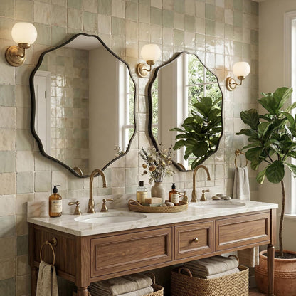Irregular Hexagon Wall Mirror with Wavy Edge, Modern Decorative Mirror for Bathroom, Bedroom, Living Room, Frameless Vanity Mirror