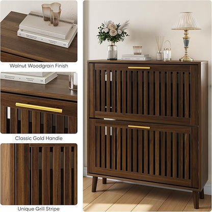 Shoe Storage Cabinet with 2 Flip Slatted Drawers, Narrow Wood Shoe Cabinet with - Image 3