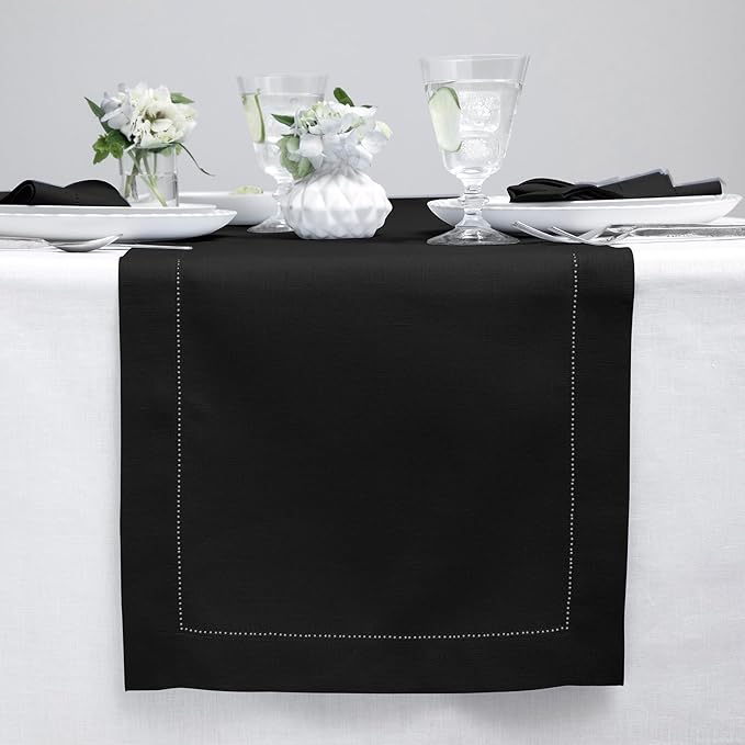 Solino Home Linen Black Table Runner 72 Inches Long - 100% Pure Linen Hemstit...