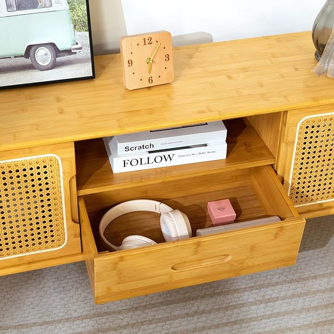 HollyHOME Bamboo TV Stand with Storage - Image 7