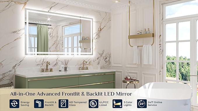 Keonjinn 60" x 36" LED Mirror for Bathroom, Frontlit & Backlit Mirror - Image 2