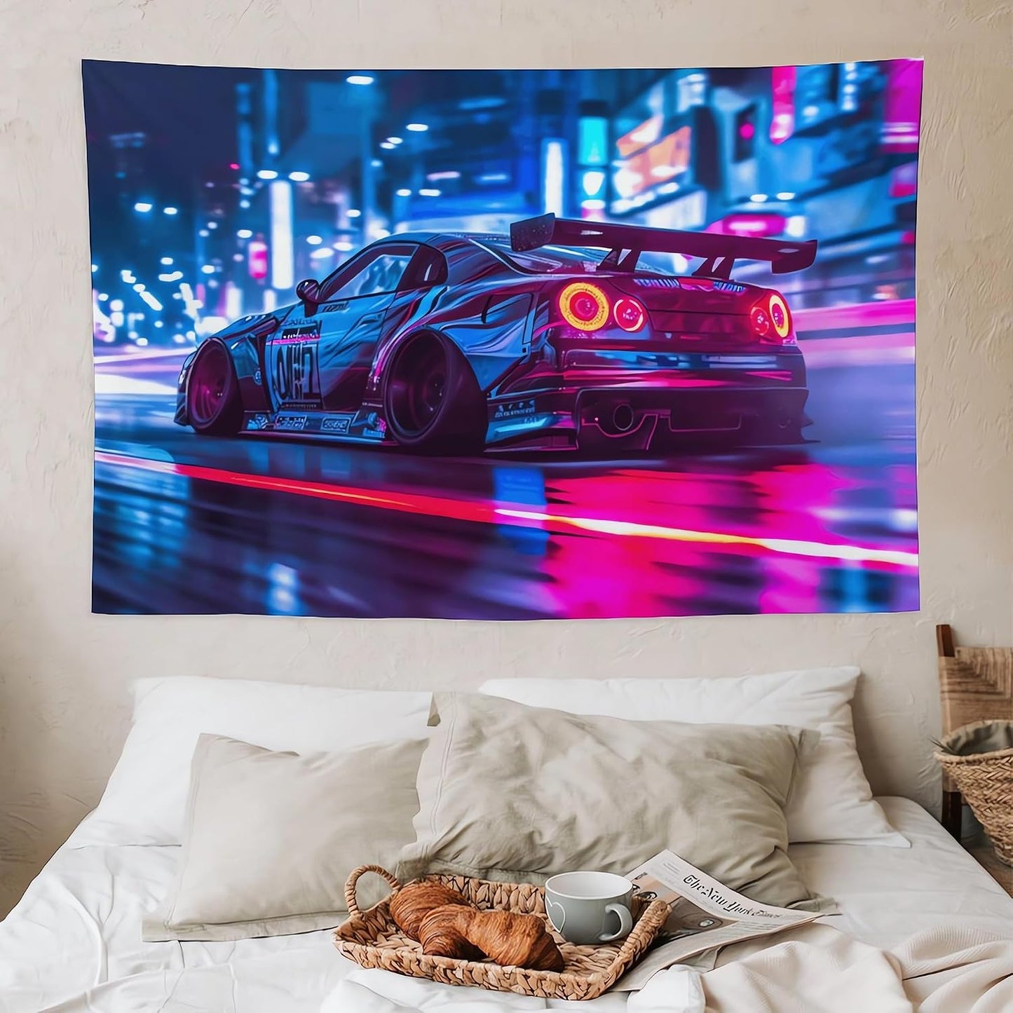 ANMOGID R35 Car Tapestry for Men Teen Boys, Neon Sports Car Tapestries City Night Wall Hanging Aesthetic Decoration for Bedroom Living Room Dorm Rainy Night Light Track Wall Art Decor 59"x39"