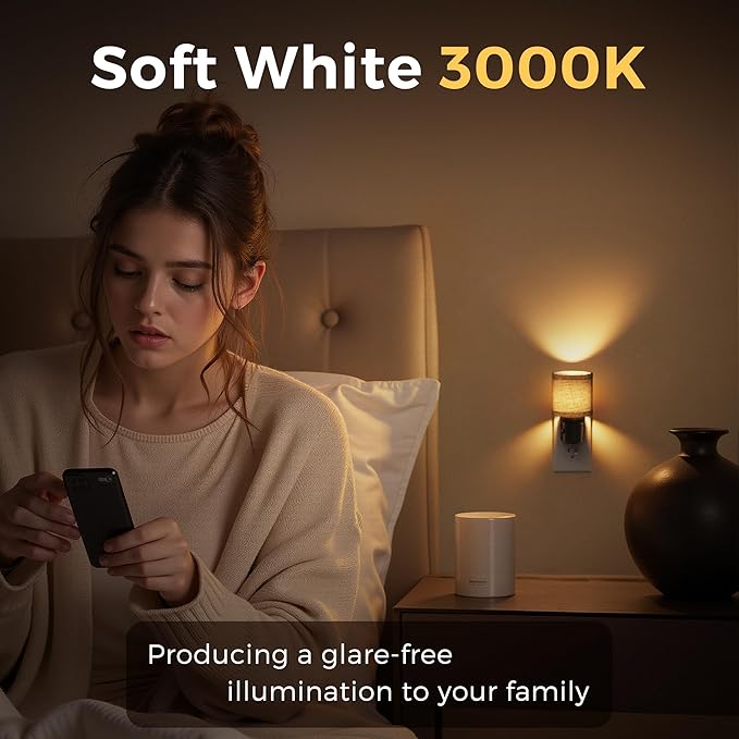 L LOHAS LED Night Lights Plug into Wall, Linen Fabric Cylinder Decor Night Light - Image 3