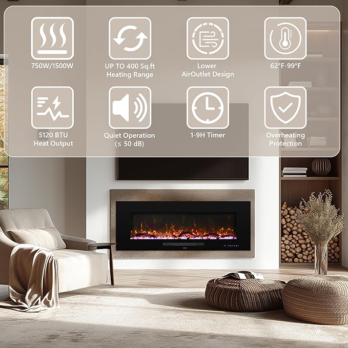 42" Electric Fireplace Inserts, Recessed & Wall Mounted Fireplace Heater - Image 4
