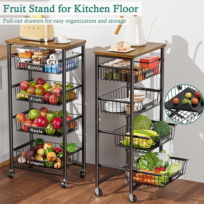 Kitchen Storage Cart with Wheels, 5-Tier Metal Utility Rolling Cart Fruit - Image 4