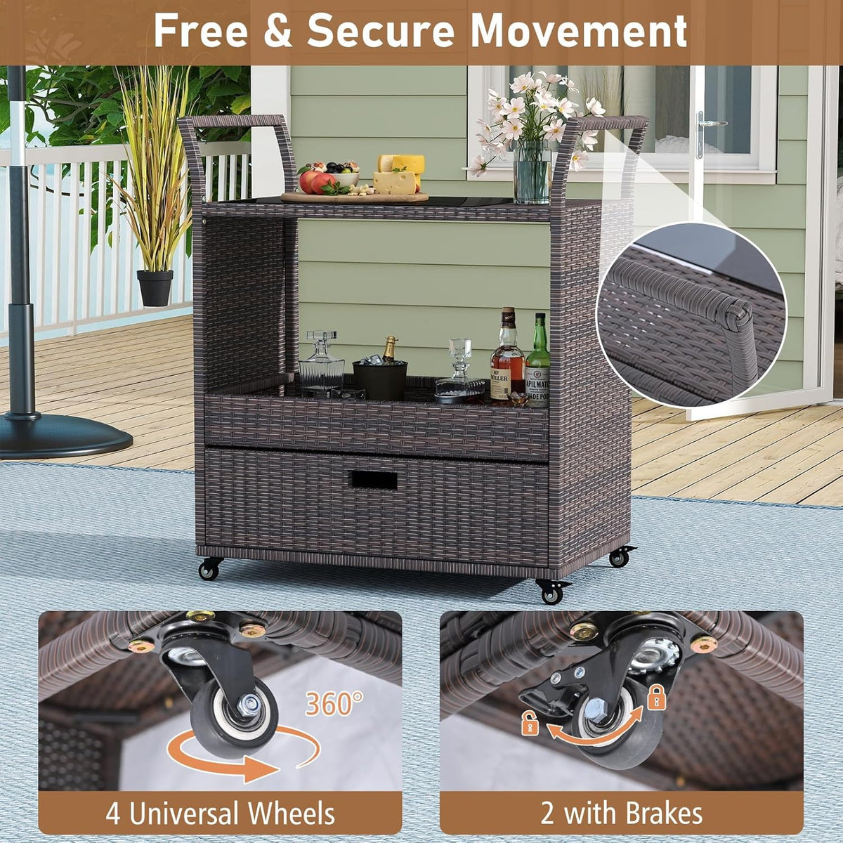 Tangkula Rolling Rattan Bar Cart,Bar Counter Table with Tempered Glass Top