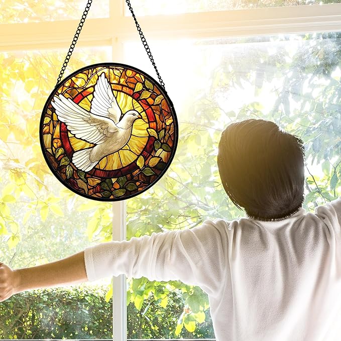 DASTOLL Stained Glass Window Hanging, Flying White Dove Sun Catchers Diamond - Image 4