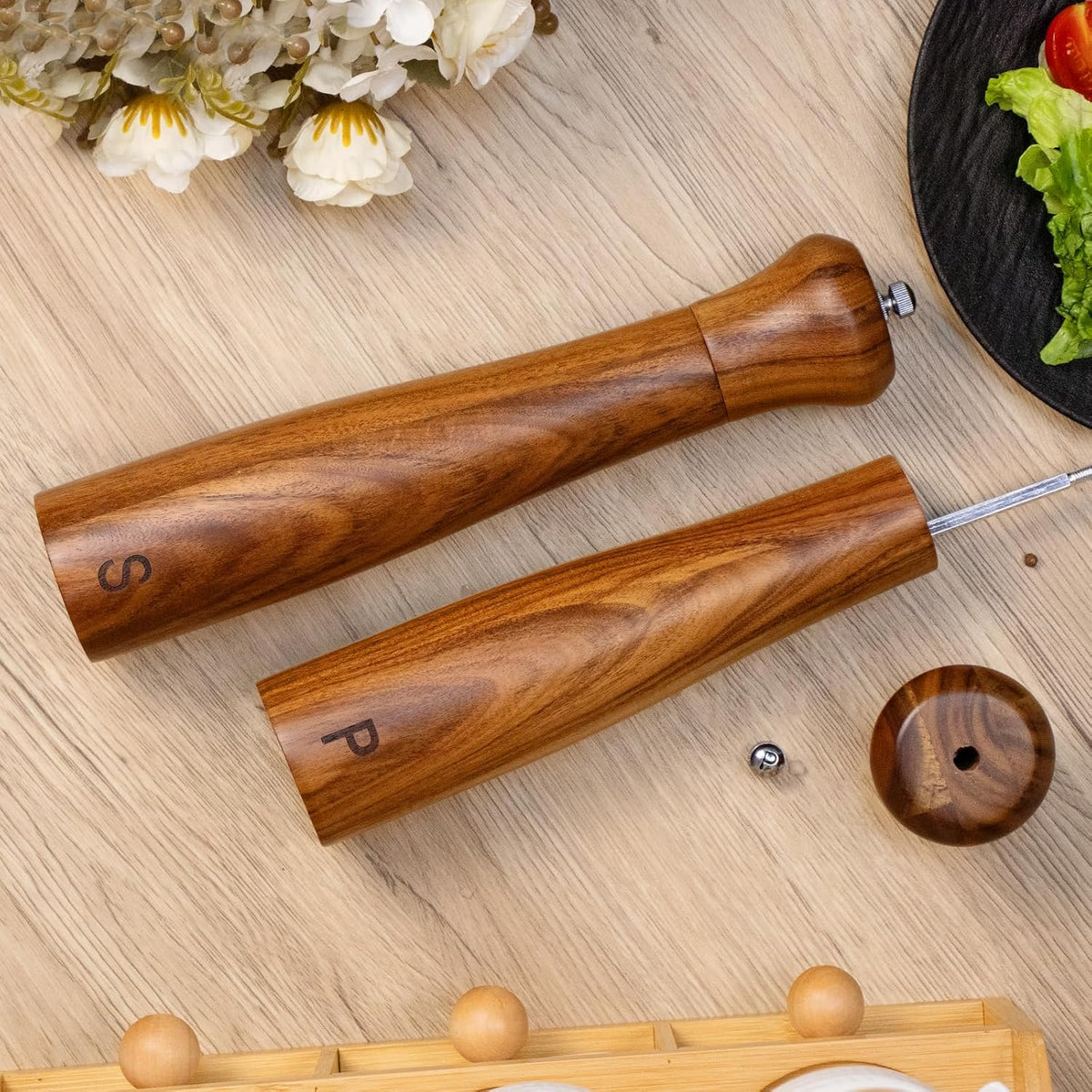 Haomacro 2 Pack 10 Inch Acacia Wooden Salt and Pepper Grinder Set Manual