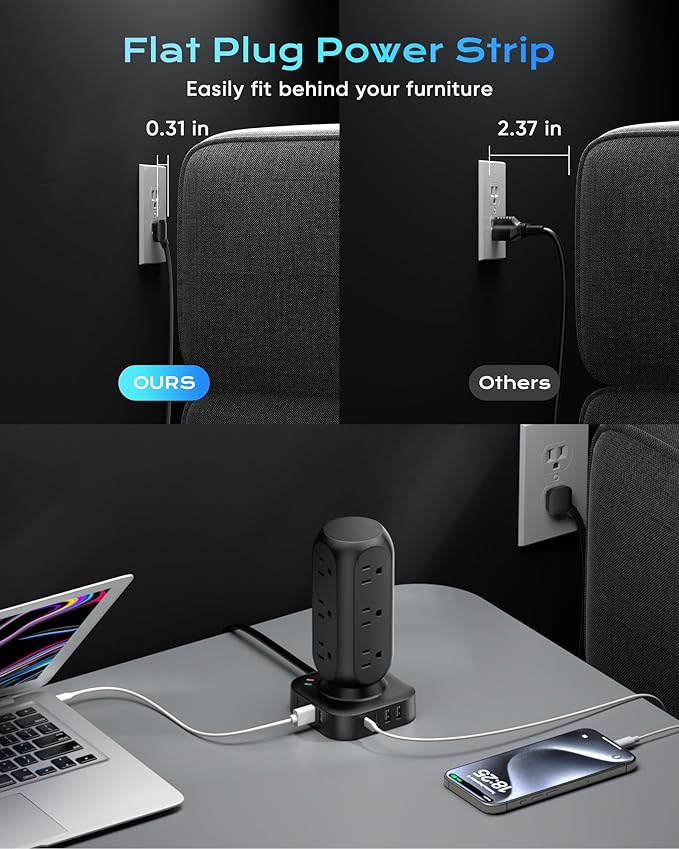 Flat Plug Power Strip Tower, TenTrend Dual PD 20W USB-C Surge Protector - Image 4