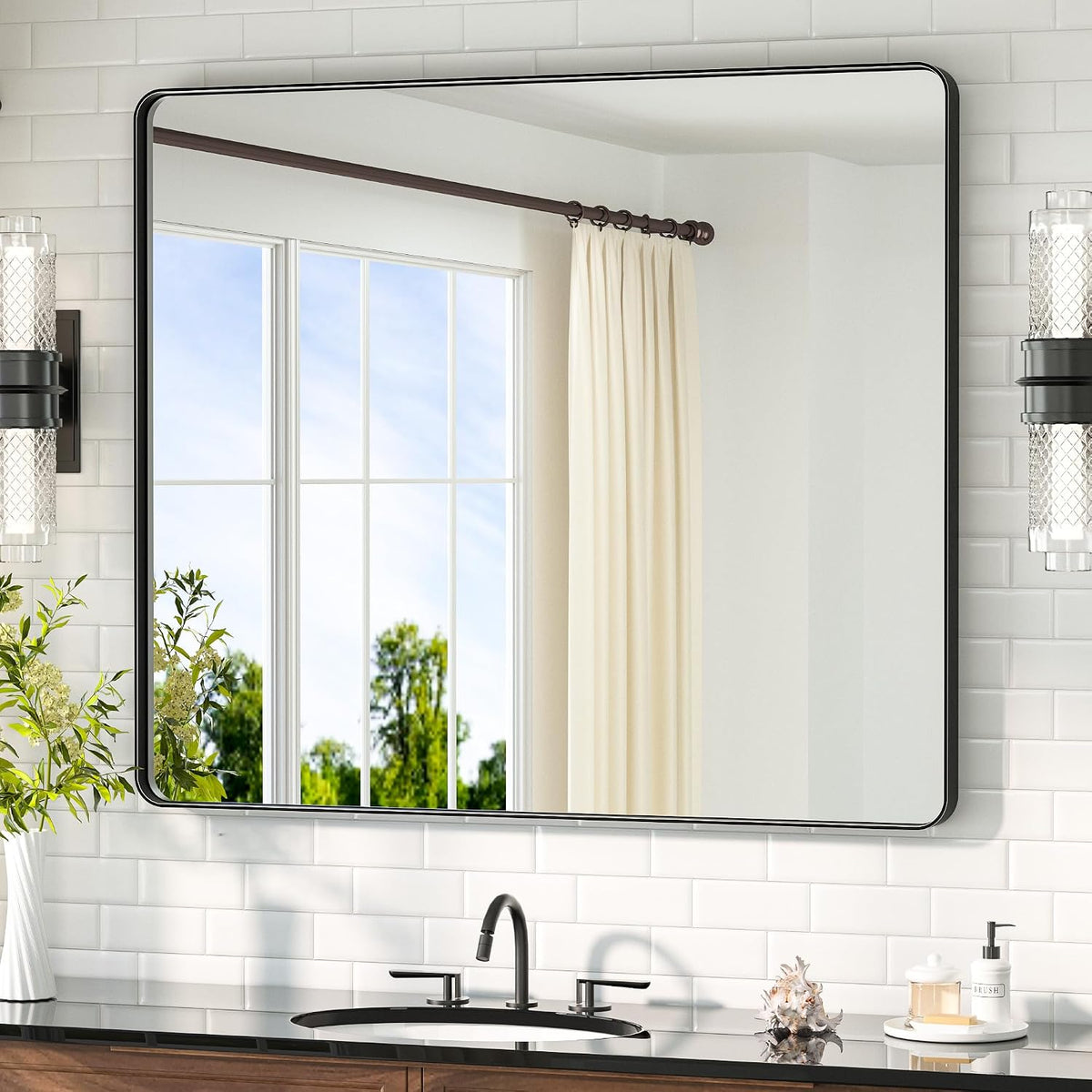 42 x 36 Black Bathroom Mirror Matte Black Metal Framed Vanity Mirror, Tempered Glass, Wall Mounted for Bathroom, Entryway, Bedroom, Living Room(Horizontal/Vertical)