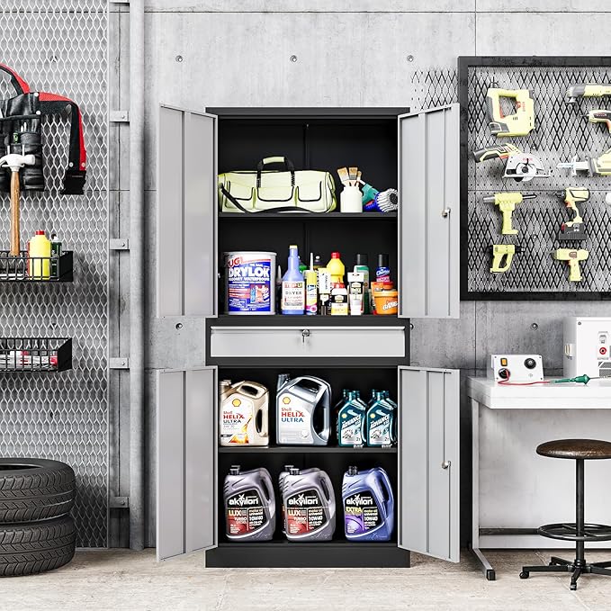MIIIKO Storage Cabinet with 4 Doors, Metal Garage Cabinet with Drawer and - Image 5