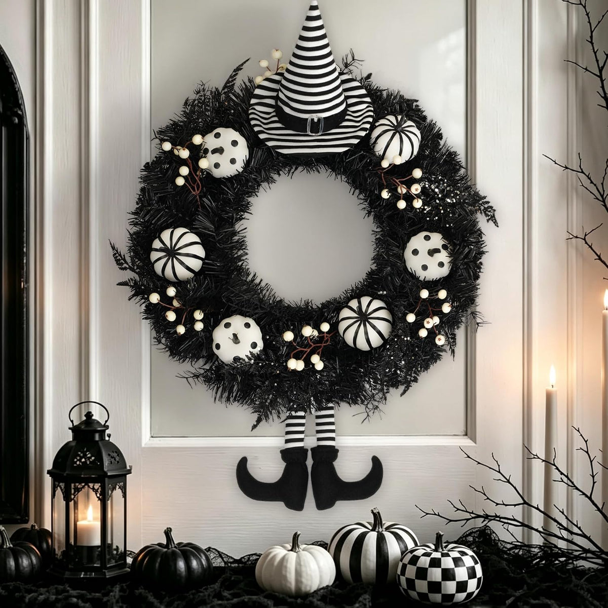 Yangrass 24" Spooky Halloween Wreath for Front Door with Witch Hat &...