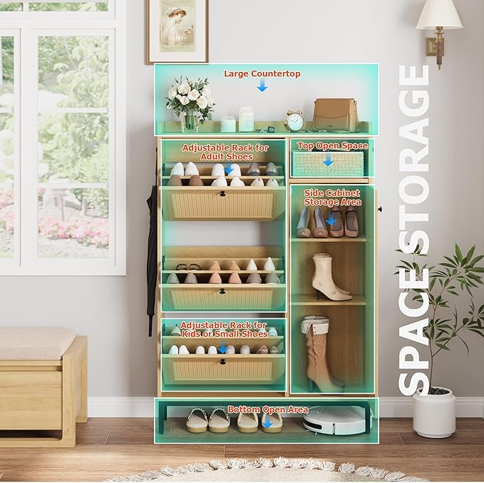 Rattan Wooden Shoe Cabinet, Freestanding 3-Flip Drawer Shoe Storage Organizer - Image 5