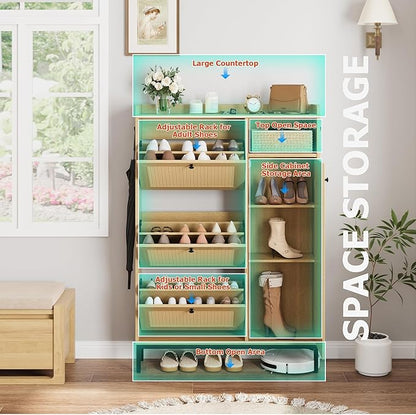 Rattan Wooden Shoe Cabinet, Freestanding 3-Flip Drawer Shoe Storage Organizer - Image 5