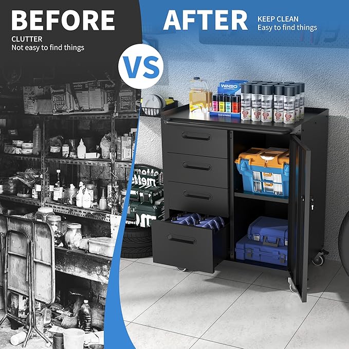 Metal Storage Cabinet with Wheels, Garage Storage Cabinet with 1 Door and 4 - Image 5