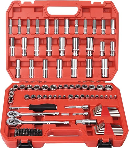117 Pieces 1/4 and 3/8 inch Drive Socket Ratchet Wrench Set, Metric/SAE Size by Egofine