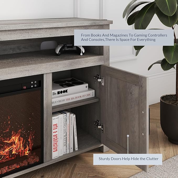 BELLEZE Barn Door Wood Electric Fireplace TV Stand - Image 2