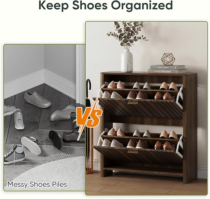 Shoe Cabinet with 2 Flip Drawers, 31.5 Inch Narrow Fluted Shoe Organizer with - Image 4