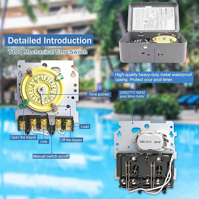 T104 Mechanical Timer Switch, 208–277 VAC 40 Amp, Pool Pump Switch, 24 Hour 12 - Image 2