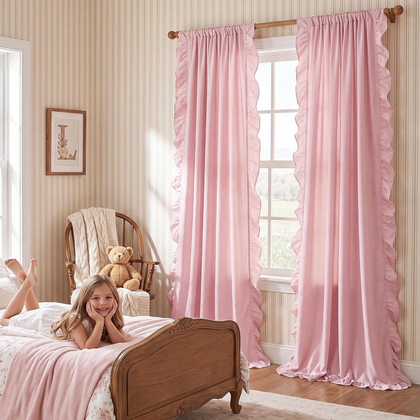 Pink Ruffle Curtains 52x90 Long 2 Panels for Girls Room | Vintage Shabby Chic Romantic Drapes for Nursery, Light Filtering Privacy Window Treatments for Vanity Room, Bathroom