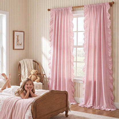 Pink Ruffle Curtains 52x90 Long 2 Panels for Girls Room | Vintage Shabby Chic Romantic Drapes for Nursery, Light Filtering Privacy Window Treatments for Vanity Room, Bathroom