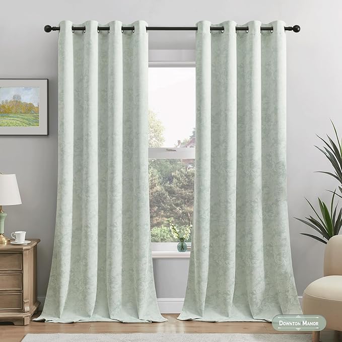 Beauoop Green Floral Jacquard Blackout Curtains 108 Inches Long 2 Panels - Image 2