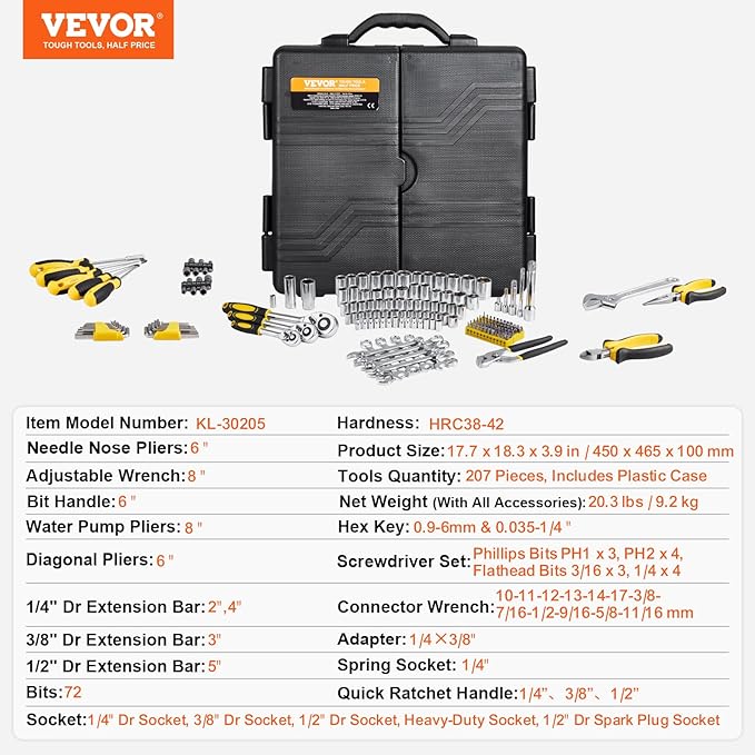 VEVOR Mechanics Tool Set 207 Pieces 1/4" 3/8" 1/2" Drive Sockets -SAE and - Image 7