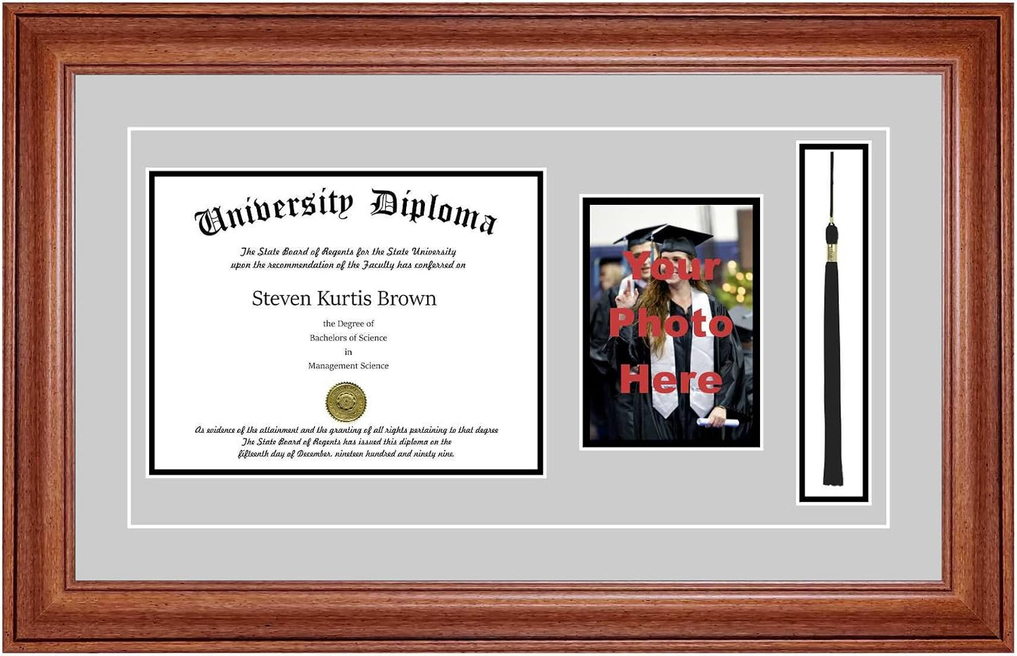 Single Diploma Frame with 5x7 Photo, Tassel and Double Matting for 17" x 11" Tall Diploma with Walnut 2" Frame