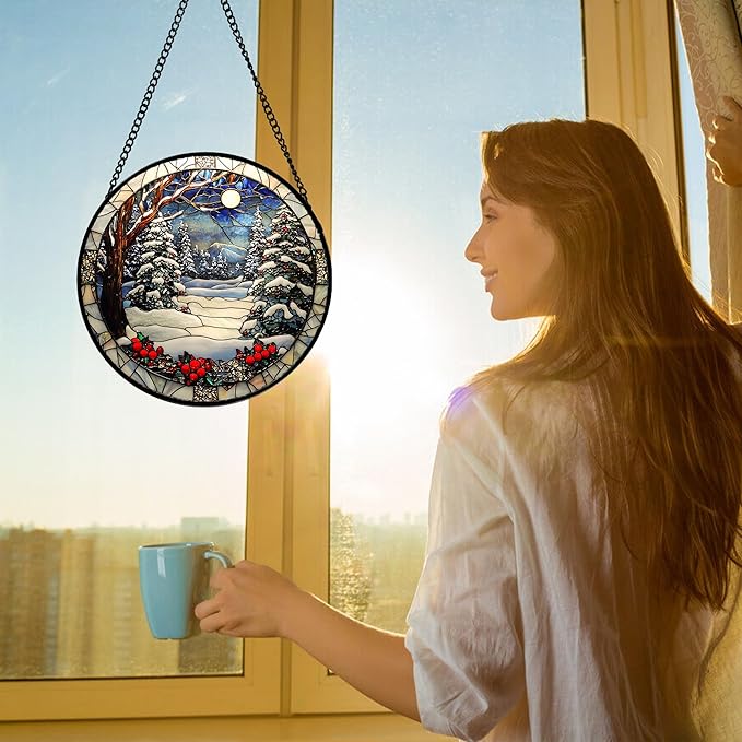 DASTOLL Stained Glass Window Hanging Christmas Tree Winter Snow Night Scenery - Image 2