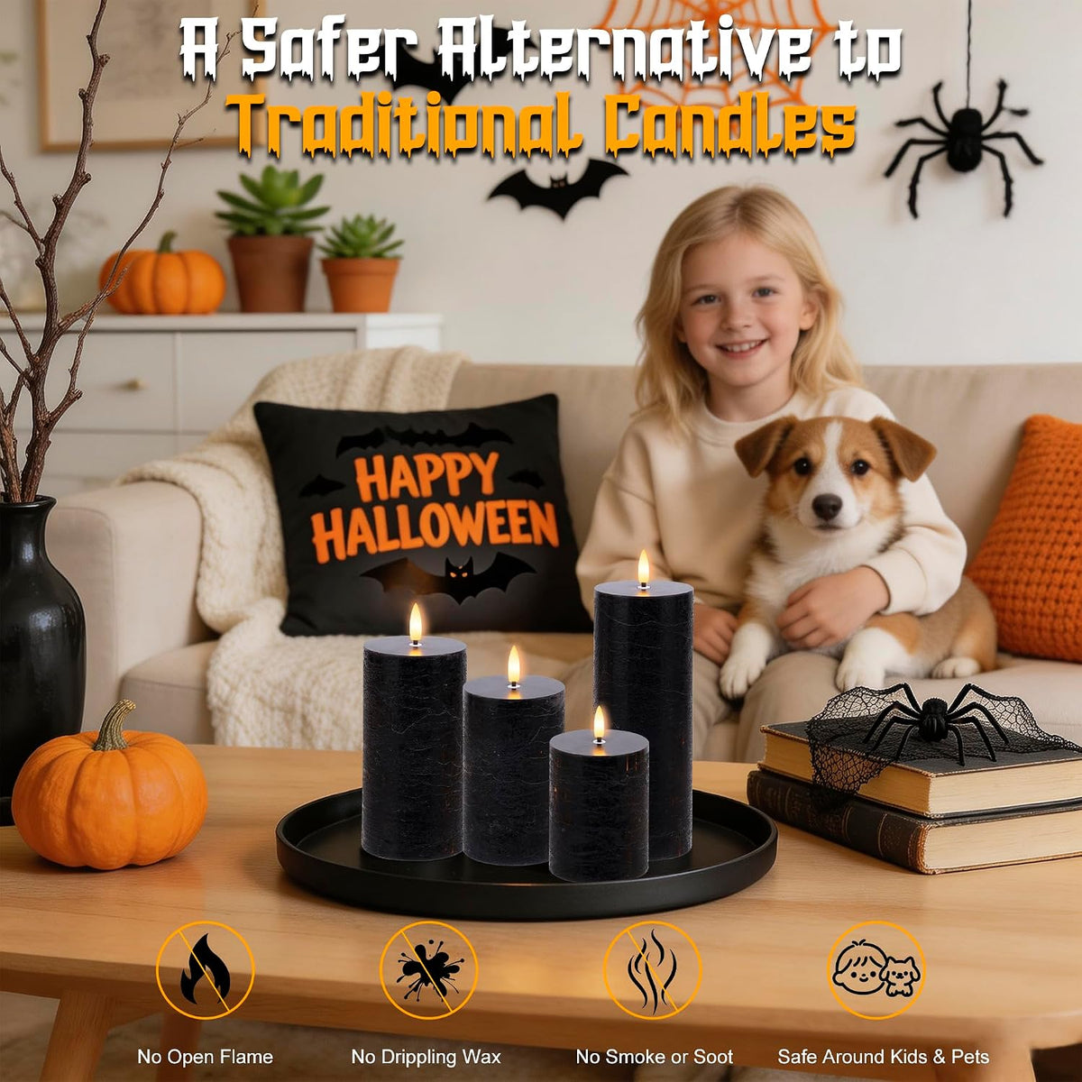 Black Flickering Flameless Candles, Real Wax Halloween Pillar Candles