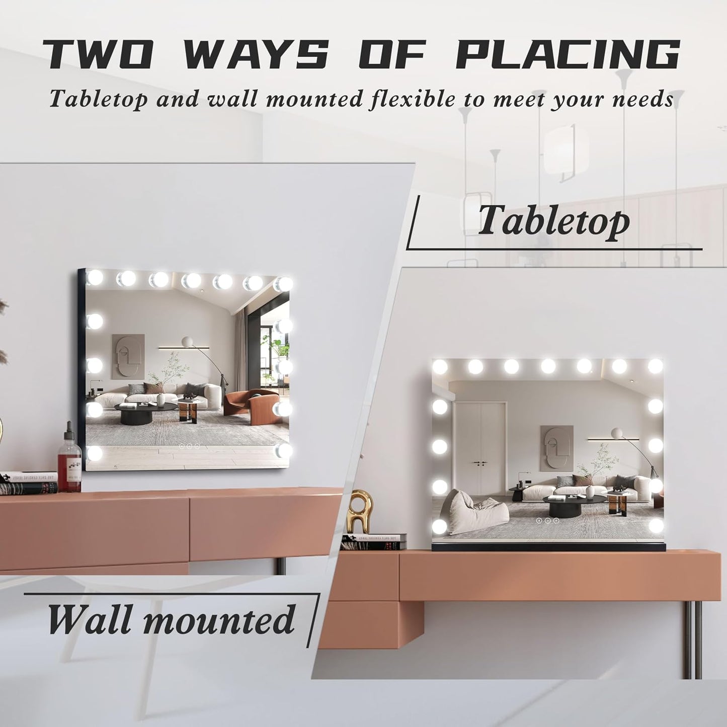 Vanity Mirror with Lights Lighted Makeup Mirror with 15 Dimmable LED Bulbs,3 Color Lighting Modes,USB Charging Port Touch Control,Sturdy Metal Frame Design 22.8x18 Inch,Black