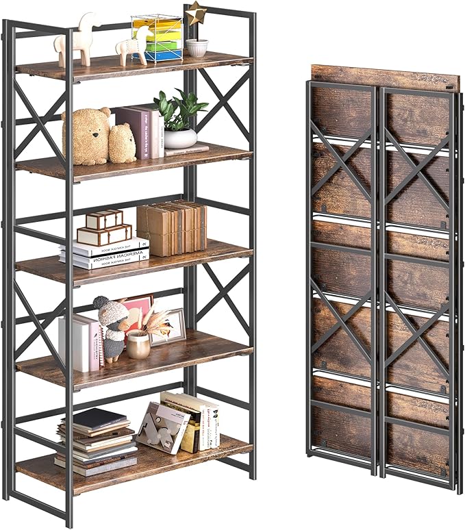 4NM 5 Tiers No Assembly Book Shelves, 51.2" H Folding Bookshelf Bookcase Open by 4NM
