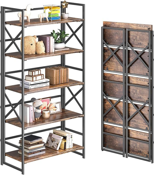 4NM 5 Tiers No Assembly Book Shelves, 51.2" H Folding Bookshelf Bookcase Open by 4NM