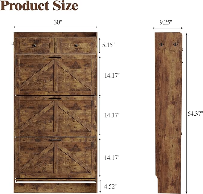 Shoe Cabinet with 3 Flip Drawers & 2 Storage Drawers, Rustic Farmhouse Narrow - Image 2
