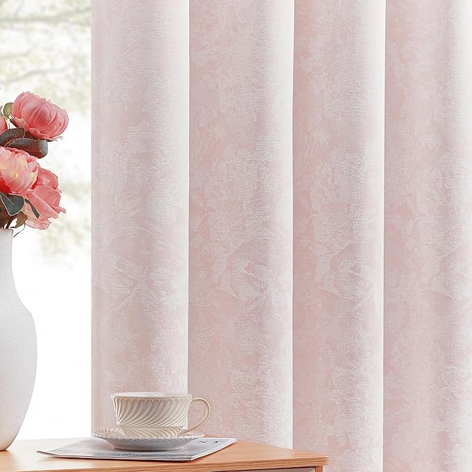 Beauoop Pink Floral Jacquard Blackout Curtains 63 Inches Long 2 Panels by Beauoop