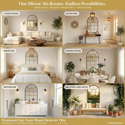48x28Inch Arched Window Pane Mirror| Black Arched Mirrors for Wall & Floor | Arch Mirror Full Length for Entryway Living Room & Bedroom | Oversized Mirrors | Wall Art Decorative |Farmhouse Décor